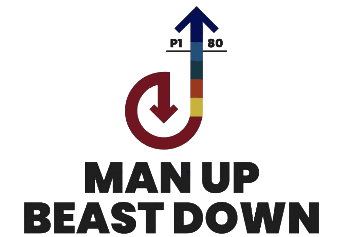 A man up east down logo with an arrow pointing upwards.